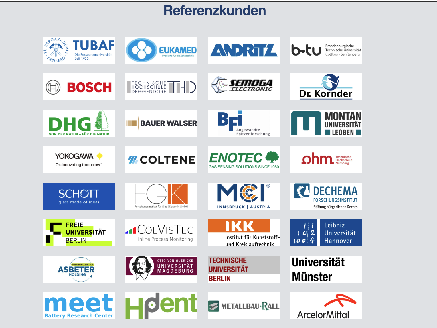 Referenzen aus Industrie, Forschung und Hochschulen, darunter Bosch, Andritz, Schott, ArcelorMittal, TUBAF und weitere Einrichtungen